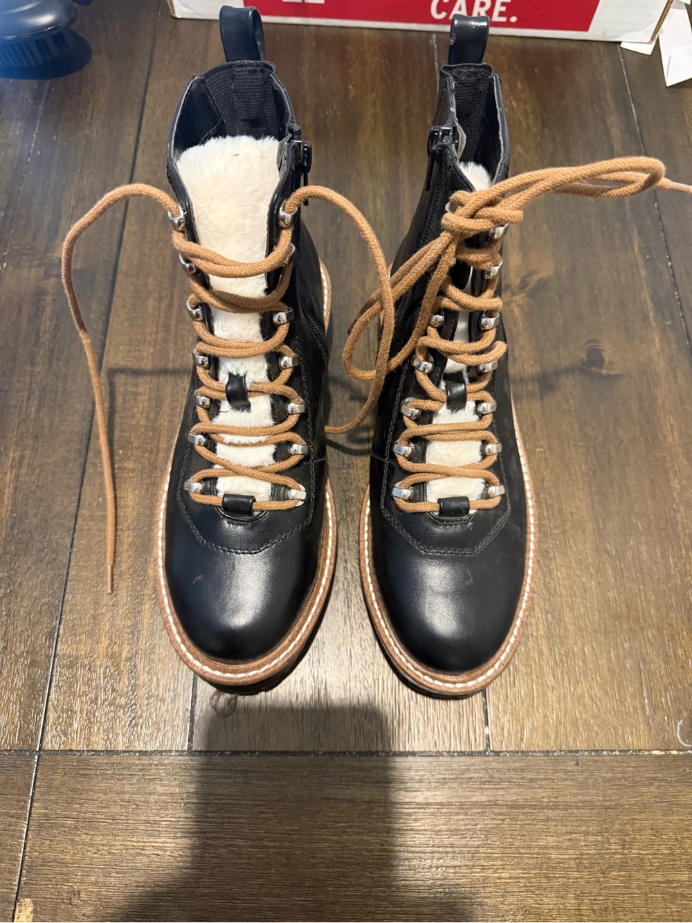 Black Leather Lace-Up Ankle Boots with Brown Laces and Shearling Tongue